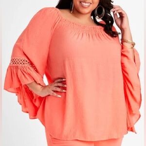 Ashley Stewart women’s Lattice Ruffle Sleeve flowy coral Peasant Top size 26/28